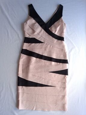 Planet dress Cocktail Sleeveless v-neck Midi shimmer Black & champagne  pink